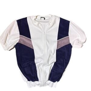 80s white ,navy & gray zip up terry cloth sweatshirt  (m)